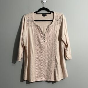 Verve Ami Women’s Soft Feminine Pink V-Neck Button Front Blouse 3/4 Sleeve 1X